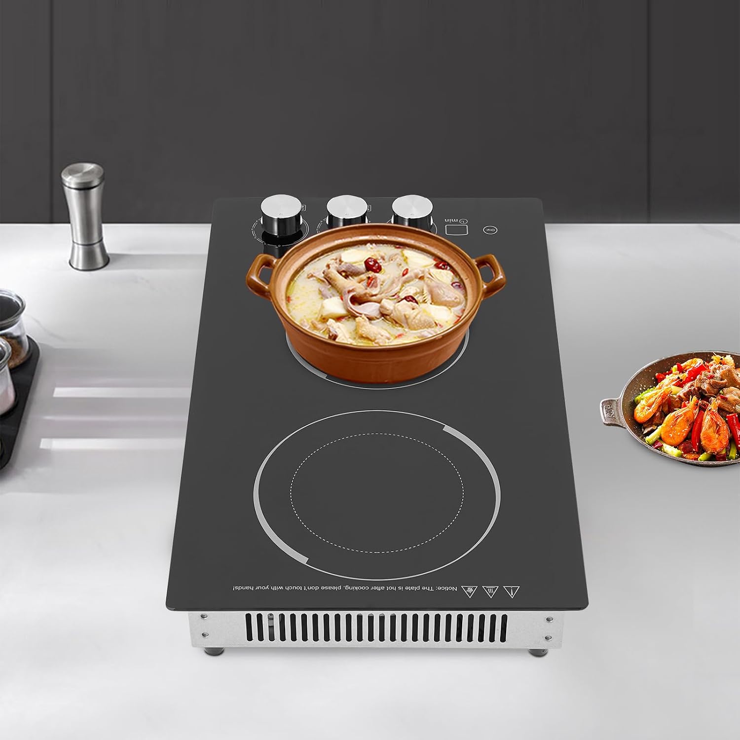 Induction Cooker, Built-In Electric Cooktop 2 Burners Electric Stove Top, 1700W Microcrystalline Panel Cooktop, 5 Power Levels, Knob Control, LED Screen, Child Safety Lock,110V