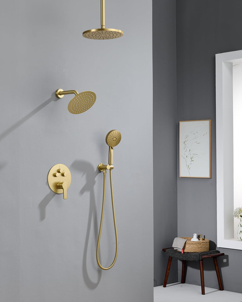 Iriber Shower System with Handheld Spray, Bathroom Round Dual Shower Heads Faucet Set with Push Button Diverter, Brushed Gold Shower Mixer Valve Trim Kit (Valve Included)