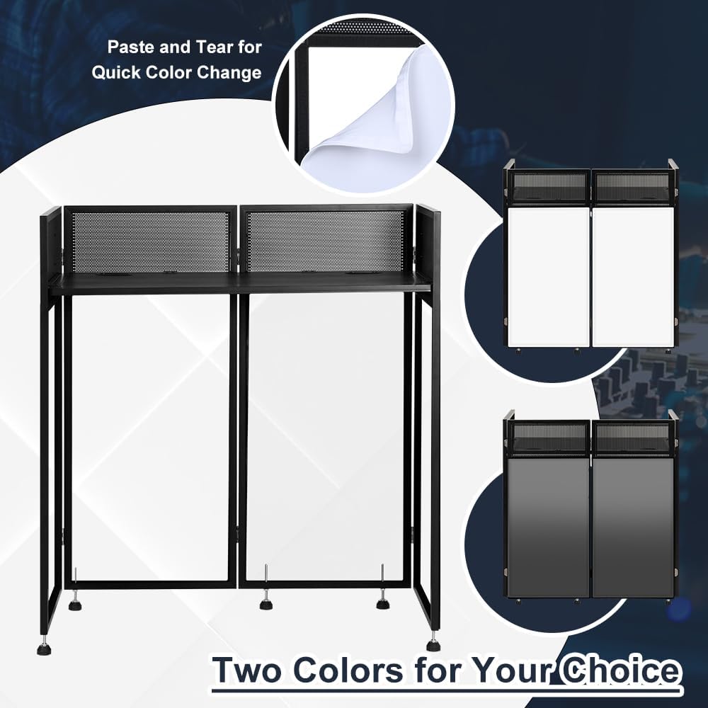 Kokorona Portable DJ Booth 43'L x 20'W x 45'H, DJ Facade Booth with Black & White Scrims, Folding DJ Booth for Party, DJ Facade Table Booth with Cable Hole, Black Metal Frame + Carry Bag