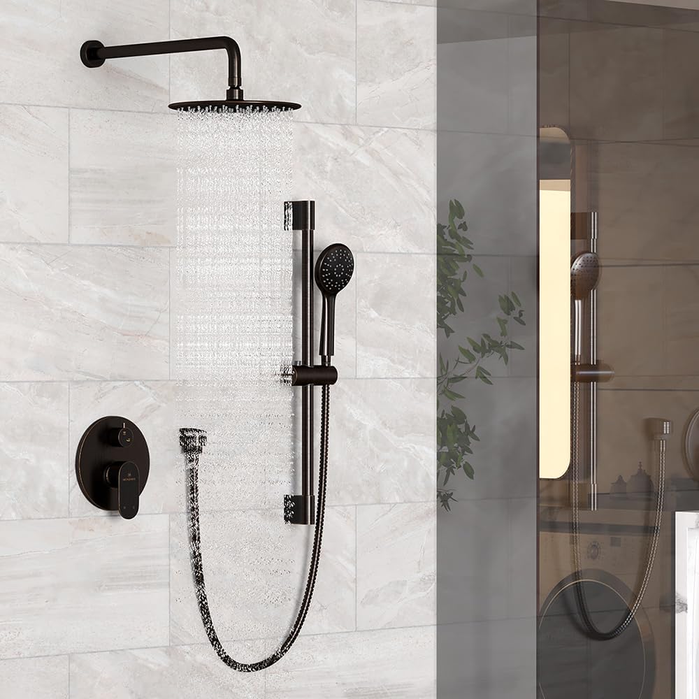 MONDAWE 9 Inch Wall Mounted Shower Faucet Set in Oil Rubbed Bronze, Rainfall Shower Head with 3-Setting Handheld Spray Shower Set Combo, High Pressure Shower System with Solid Brass Valve