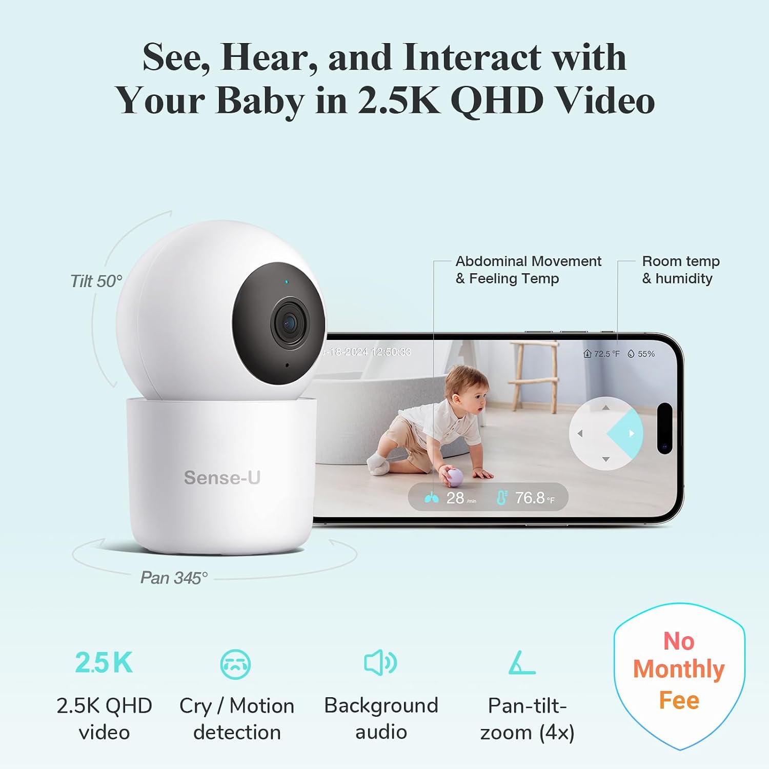Sense-U Pro Baby Breathing Movement Monitor with 2.5K PTZ Camera: Track Breathing with Gentle Vibration, Sleep Position, Temperature Notifications, 2.5K Video, Background Audio, No Monthly Fee