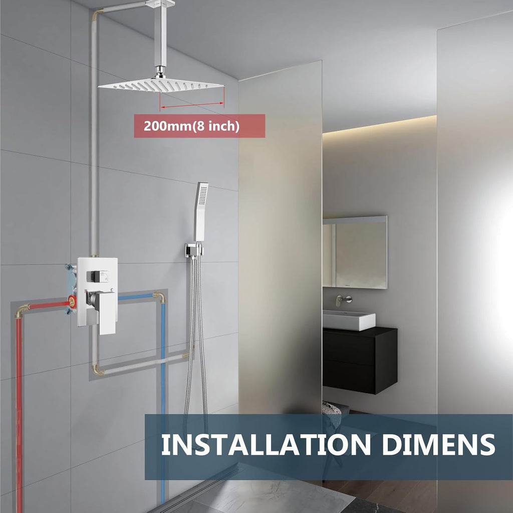 Aolemi Ceiling Mount Shower System Rain Shower Head with Handheld Spray High Pressure Shower Faucet Set Rough-in Valve Shower Trim Kit Included Bathroom Polish Chrome 8 Inch Ceiling Shower Head