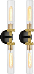 LaLuLa Black and Gold Vanity Light Fixtures 2-Pack – Modern Hardwired Dual-Light Wall Sconces with Rippled Glass Shades, Textured Metal Bathroom Lighting for Over Mirror or Hallway, 25' Height