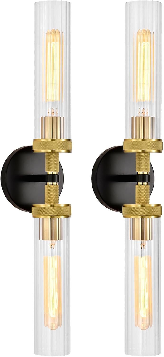 LaLuLa Black and Gold Vanity Light Fixtures 2-Pack – Modern Hardwired Dual-Light Wall Sconces with Rippled Glass Shades, Textured Metal Bathroom Lighting for Over Mirror or Hallway, 25' Height