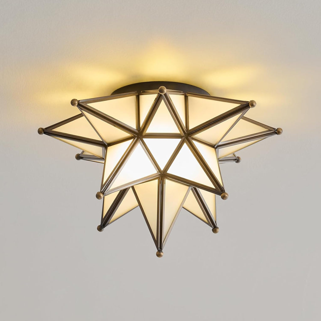 Black Moravian Star Ceiling Light - Oil Rubbed Bronze Vintage Antique Flush Mount Lighting - Art Deco Mid Century Milk Glass Fixture Lights for Hallway Bedroom Room Hall Entryway Laundry Foyer Kitchen