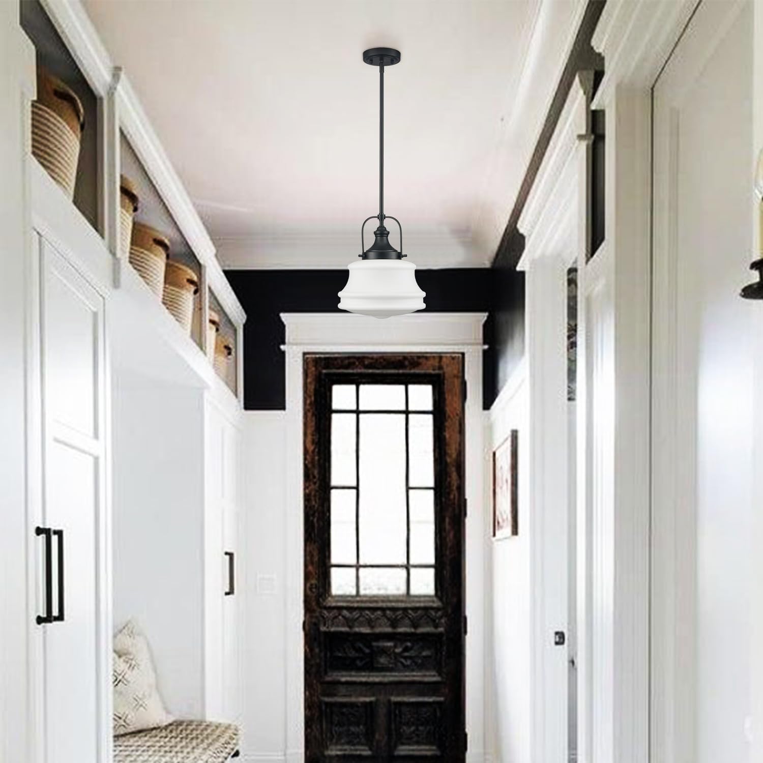 DEYNITE Industrial Black Pendant Light Rod Hanging Schoolhouse Light Milk White Shade for Kitchen Bar Bedroom Bathroom Dining Room