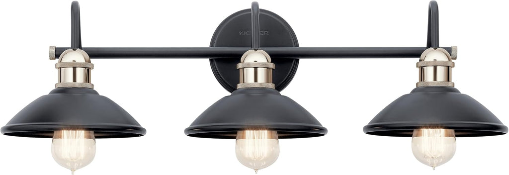Kichler Clyde 3-Light Bathroom Vanity Light Fixture with Vintage Industrial Design in Black Finish, Wall Mount Over Mirror Lighting for Bathroom (7.25' x 26.5' x 8.25'), 45945BK