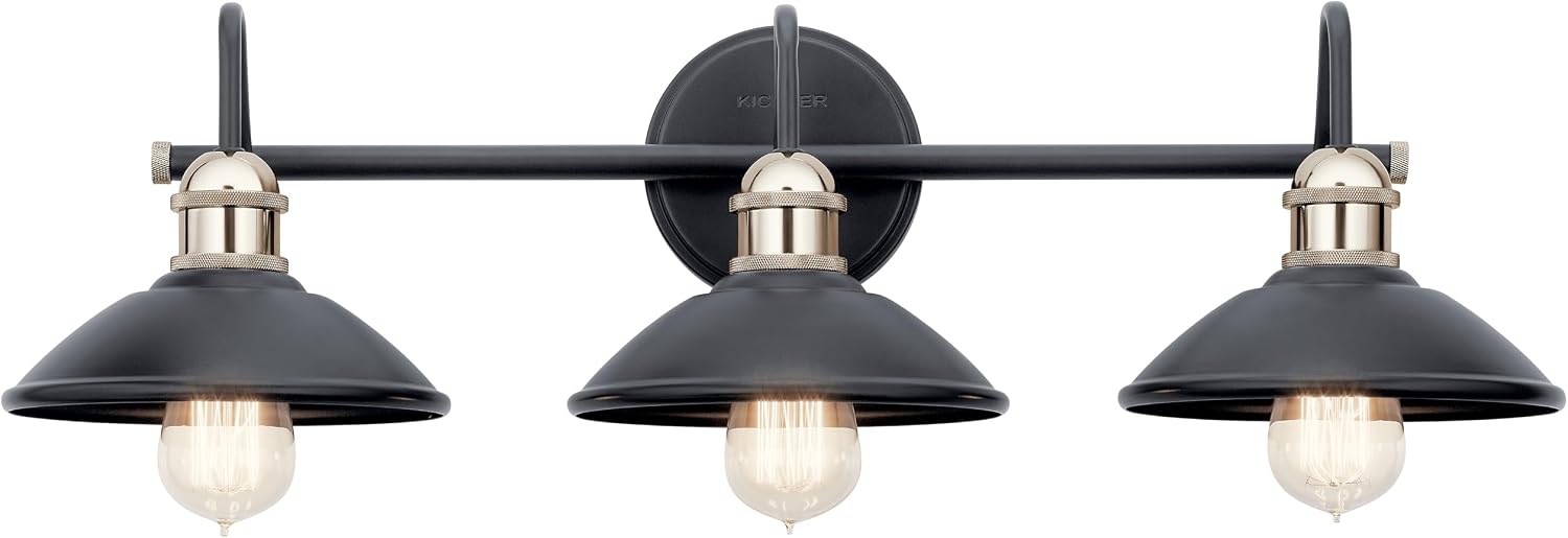 Kichler Clyde 3-Light Bathroom Vanity Light Fixture with Vintage Industrial Design in Black Finish, Wall Mount Over Mirror Lighting for Bathroom (7.25' x 26.5' x 8.25'), 45945BK