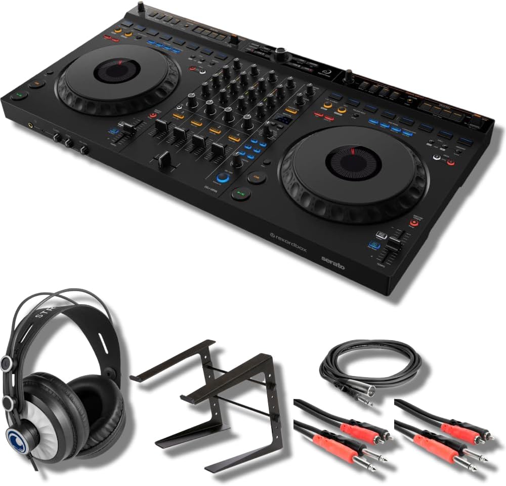 DDJ-GRV6 4-Channel DJ Controller with StreamEye Cans50 Professional Studio Headphones, On-Stage Stands LPT5000 Laptop Stand, and Essential Cables for Connecting to DJ Controllers