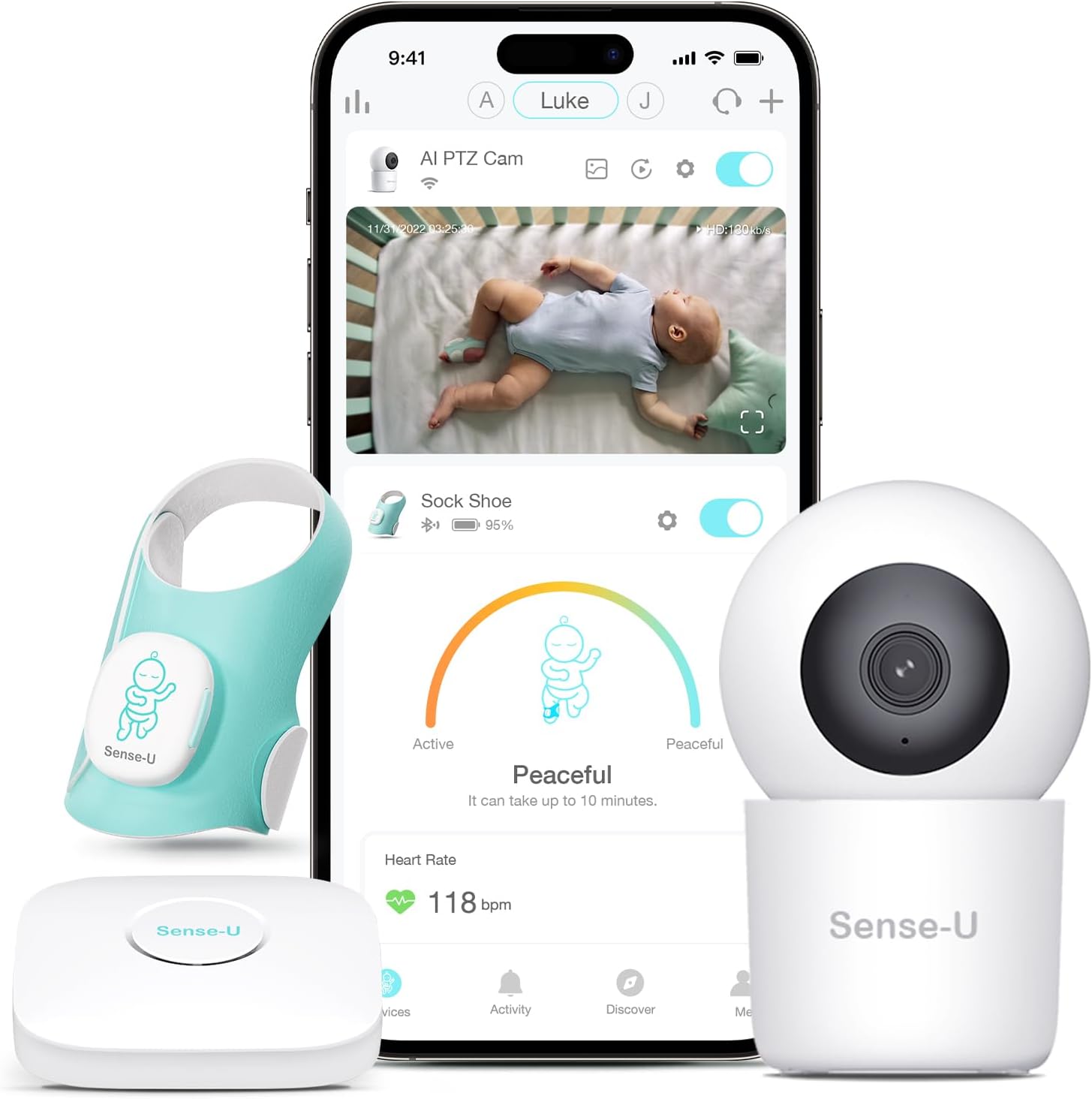Sense-U Smart Baby Sock Monitor and 2.5K PTZ Camera, Tracks Heart Rate, Sleep Trends & Movement Anytime Anywhere, Video Monitor