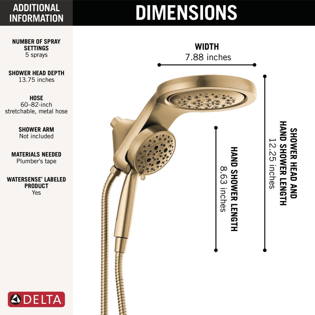 Delta Faucet HydroRain 5-Spray H2Okinetic Dual Shower Head with Handheld Spray, Gold Shower Head with Hose, Handheld Shower Heads, 1.75 GPM Flow Rate, Lumicoat Champagne Bronze 58680-CZ-PR