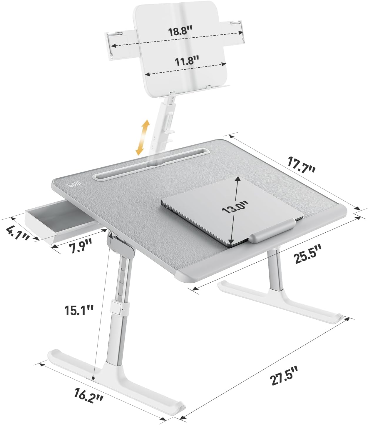 SAIJI Laptop Desk for Bed [Premium XXL Extra Large] with Upgraded Height Angle Adjustable Book Stand,Multi-Purpose Lapdesk Bed Tray Desk for Working Writing Reading Drawing (Grey)