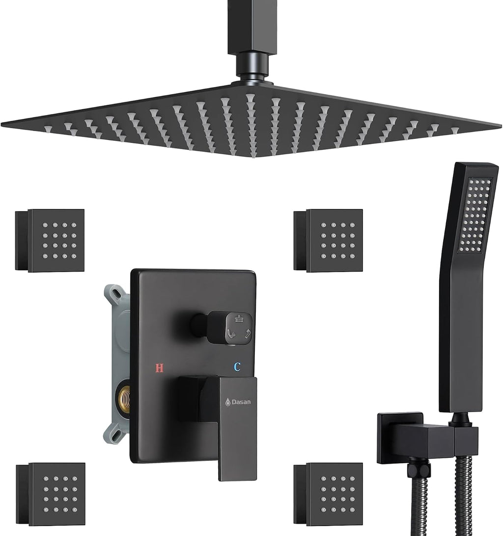 Matte Black Shower System with 4 PCS Shower Body Spray Jets & 12'' Ceiling Shower Head & Handheld Spray, DASAN Full Body Shower Faucet System with Jets Rainfall Shower Combo Set, SA-SS03BMB-S12C