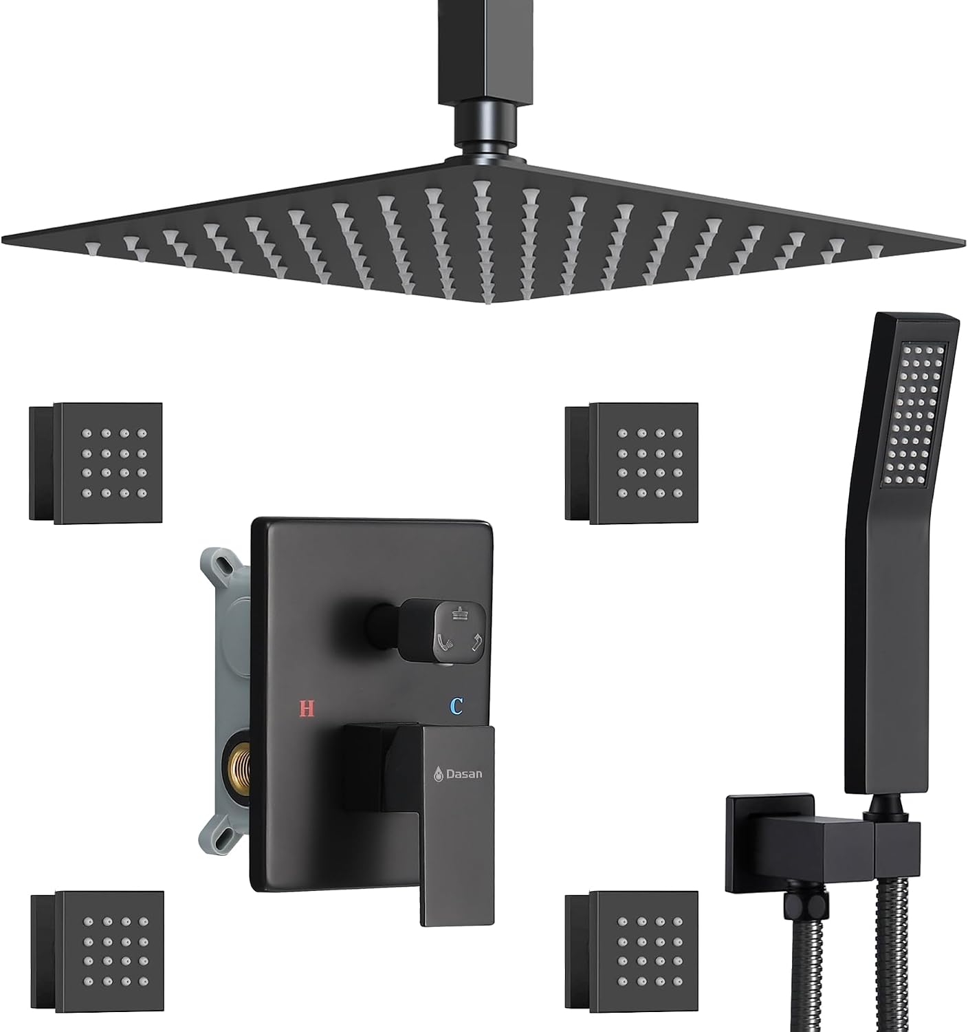 Matte Black Shower System with 4 PCS Shower Body Spray Jets & 12'' Ceiling Shower Head & Handheld Spray, DASAN Full Body Shower Faucet System with Jets Rainfall Shower Combo Set, SA-SS03BMB-S12C