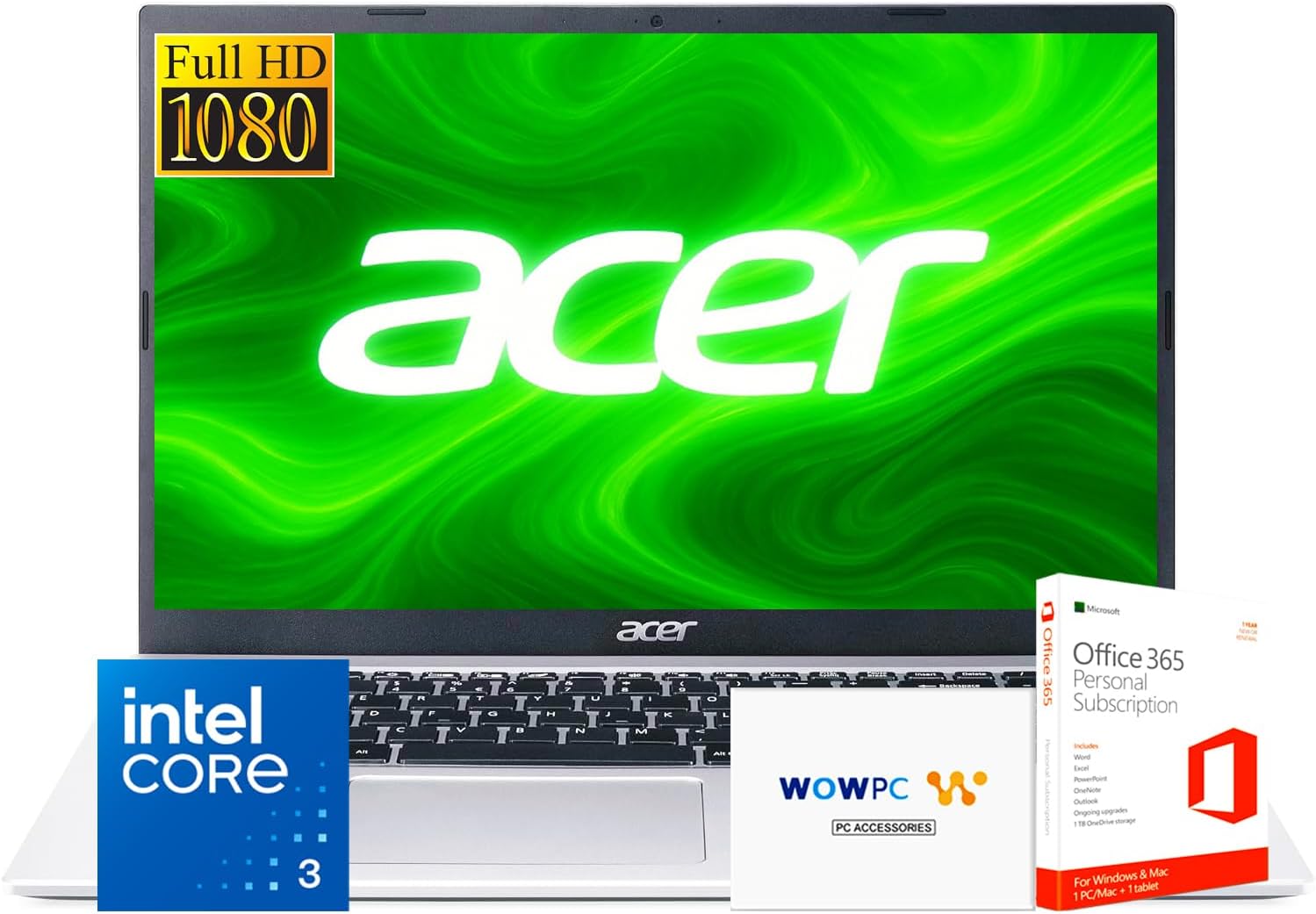 Acer New AI-Powered Business 15.6 inch FHD Laptop 2025/2026 Edition with Microsoft Office 365, Intel 8-Core Powerful Processor(Beats Intel Core i5-1335U), 8GB DDR5, 128GB SSD, Windows 11, WOWPC USB