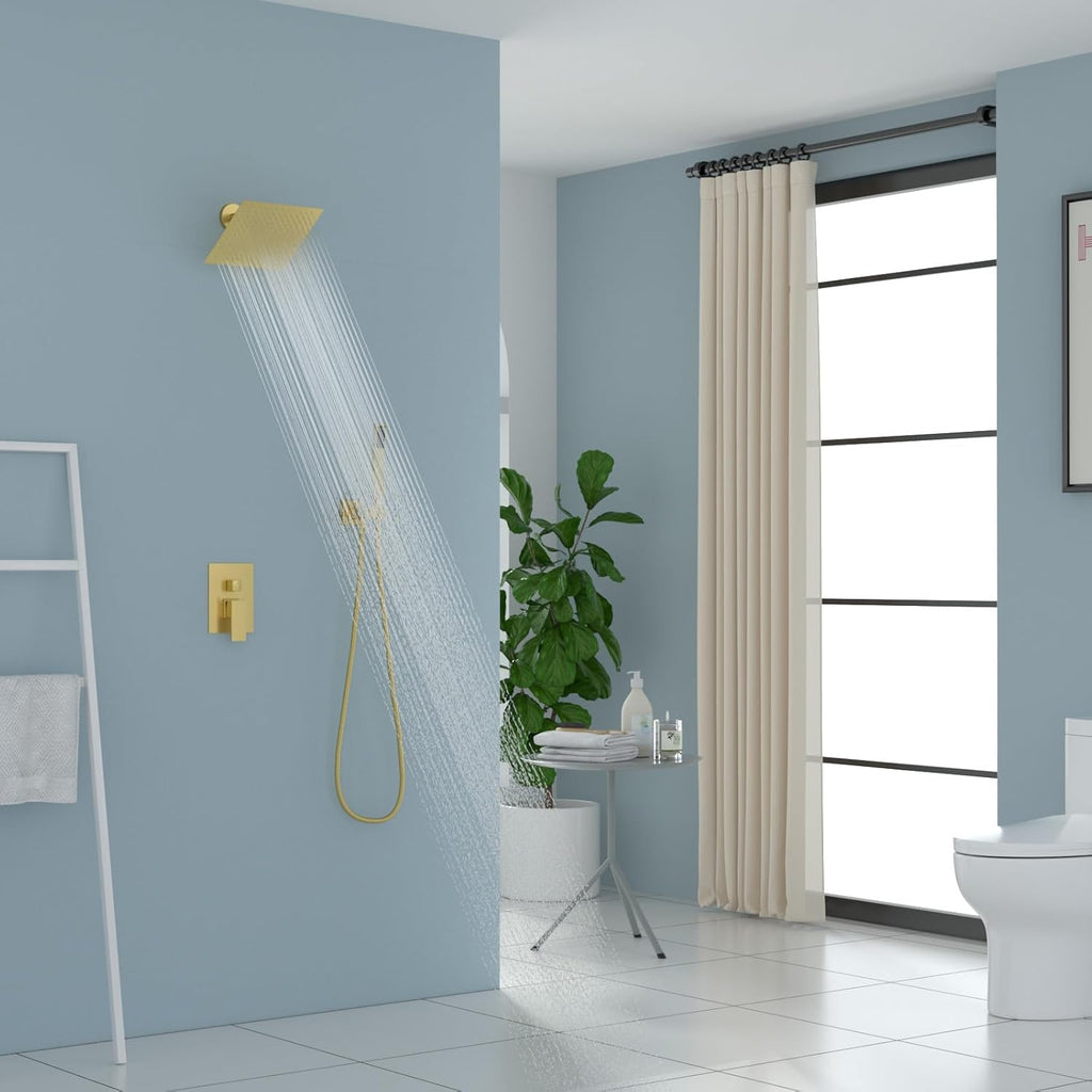 Lordear Rain Shower System Wall Mounted Shower Faucet Set with 8 Inch Stainless Steel Shower Head Handle Set and Solid Brass Valve, Brushed Gold Finish