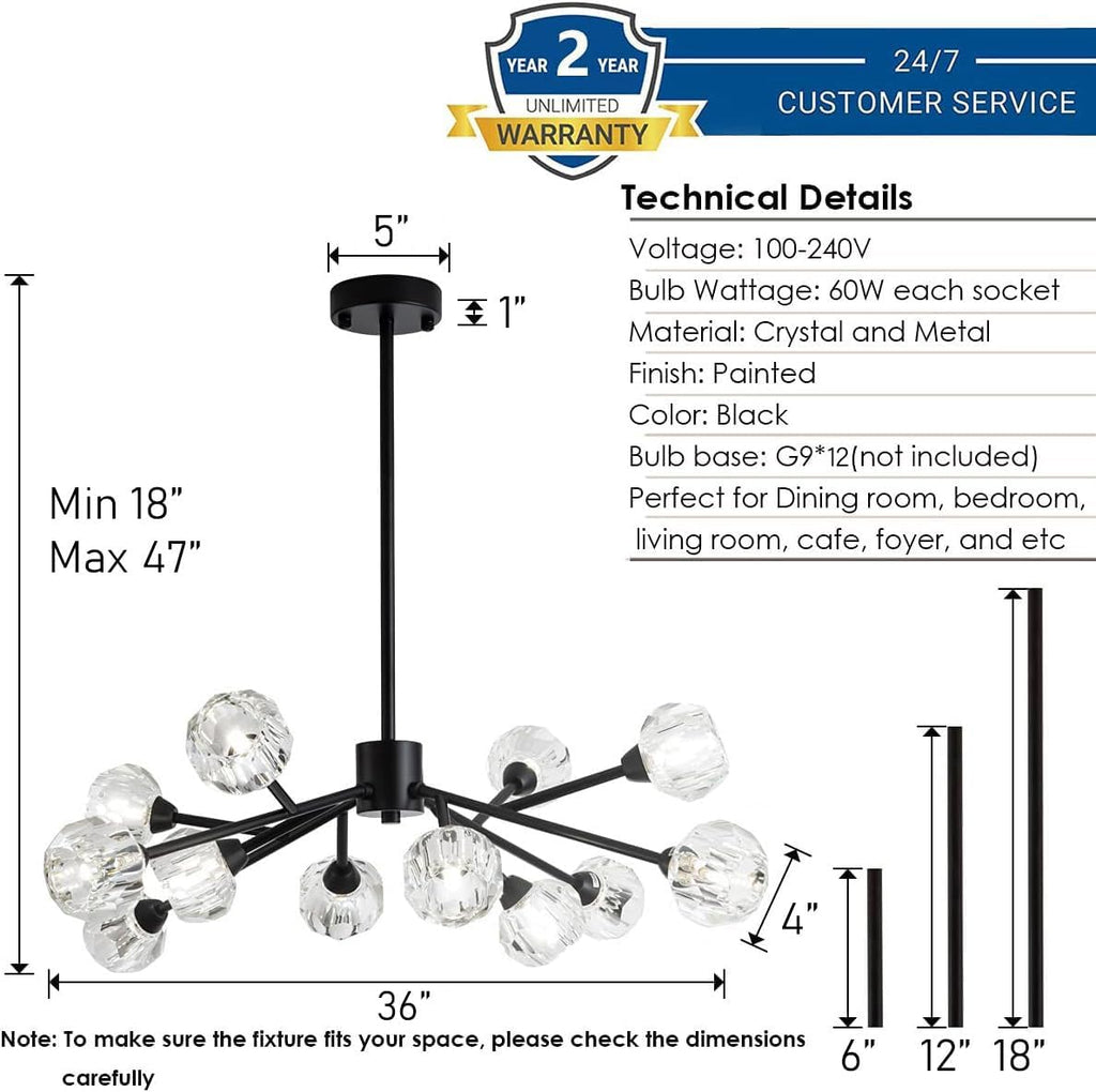 Weesalife Sputnik Chandeliers for Dining Room Light Fixture Over Table, Modern Crystal Chandeliers, 12 Lights Black Lighting Fixtures for Living Room Bedroom Kitchen Island Bar