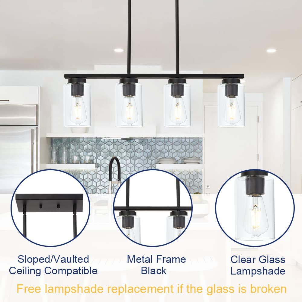 TODOLUZ Black Pendant Light Fixtures with Clear Glass Shades, 4-Lights Linar Kitchen Island Light for Farmhouse Dining Room Kitchen Pool Table