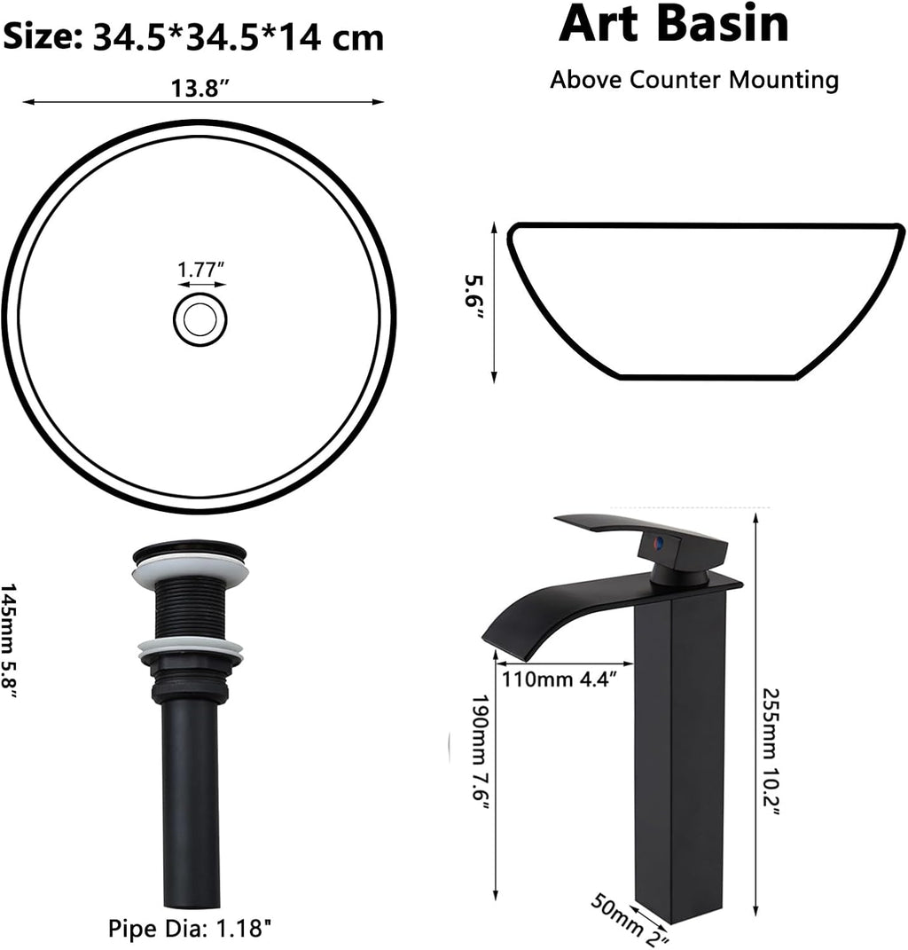 14 Inch Black Round Bathroom Vessel Sink with Waterfall Faucet and Pop-Up Drain Combo,Ceramic Vessel Sink Above Counter Round Bathroom Sink Bowl,Small Sink for Bathroom