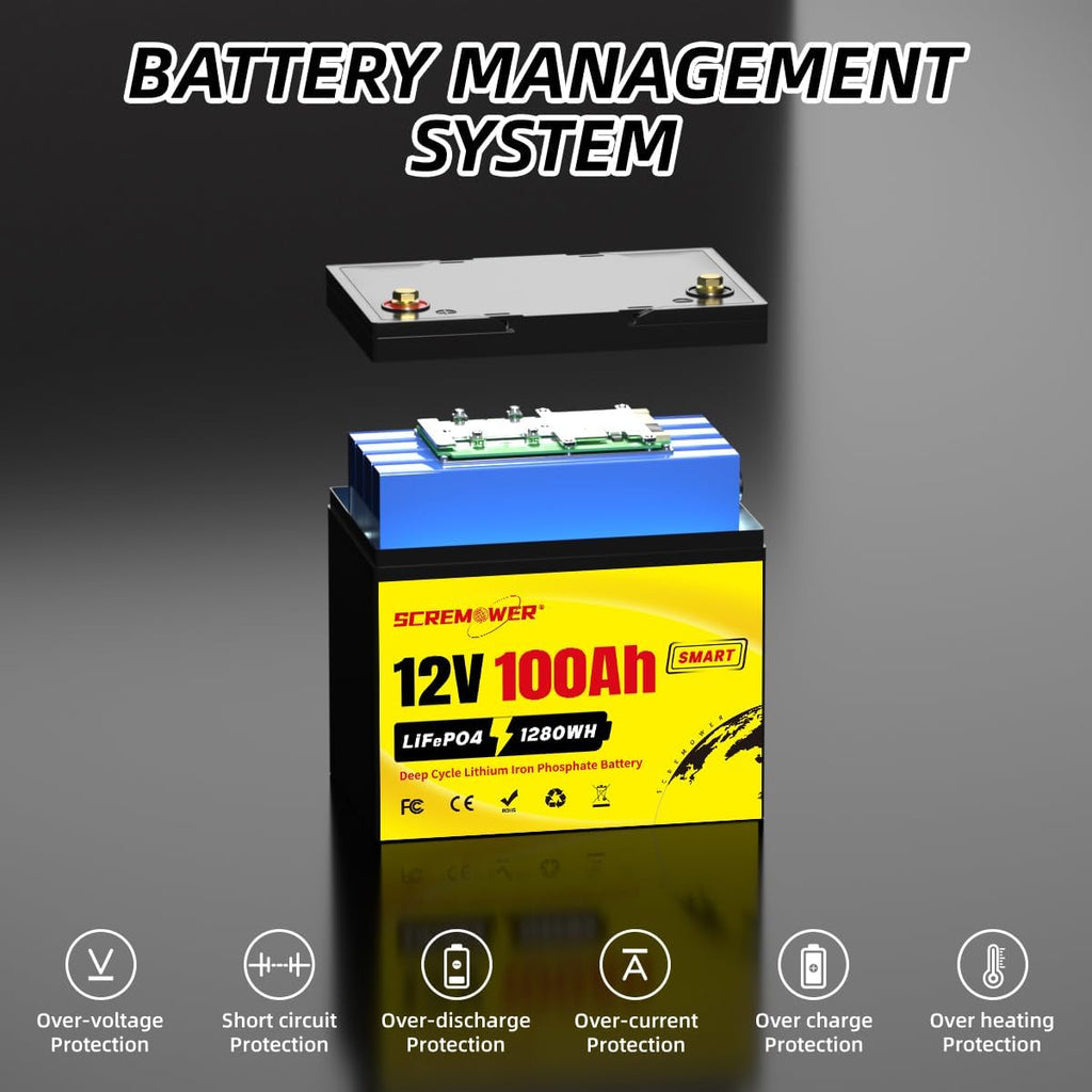 Bluetooth 12V 100Ah LiFePO4 Battery - Group 24 Deep Cycle Battery High Energy Density With Integrated 100A BMS Rechargeable Lithium Iron Phosphate Battery for RV, Trolling Motors, Solar System