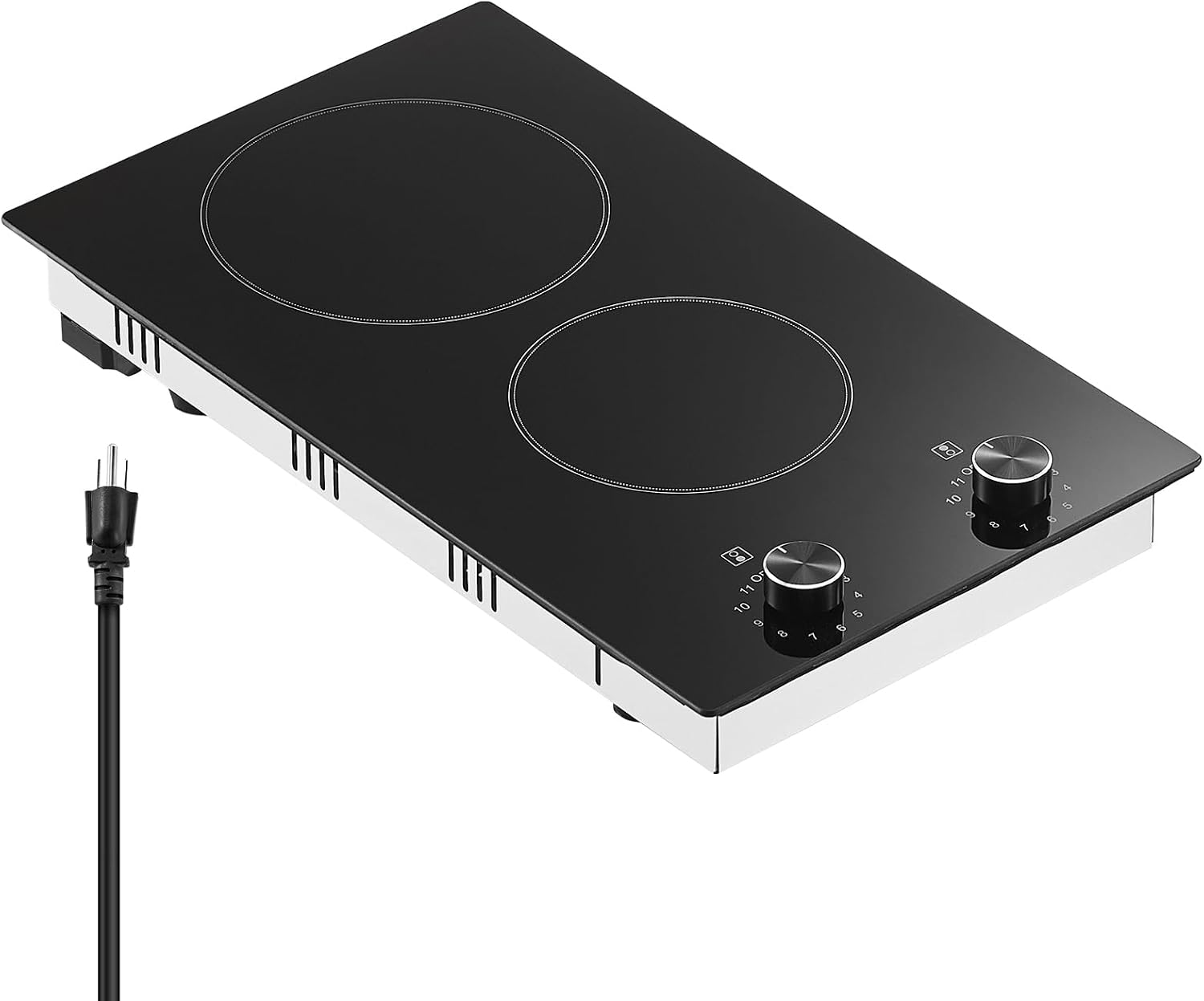 Happybuy 12-inch 2-Burner Electric Cooktop, 1800W Ceramic Radiant Stove, Glass Panel, Knob Control, 11 Heat Levels, 120V, Built-in, for Versatile Cooking
