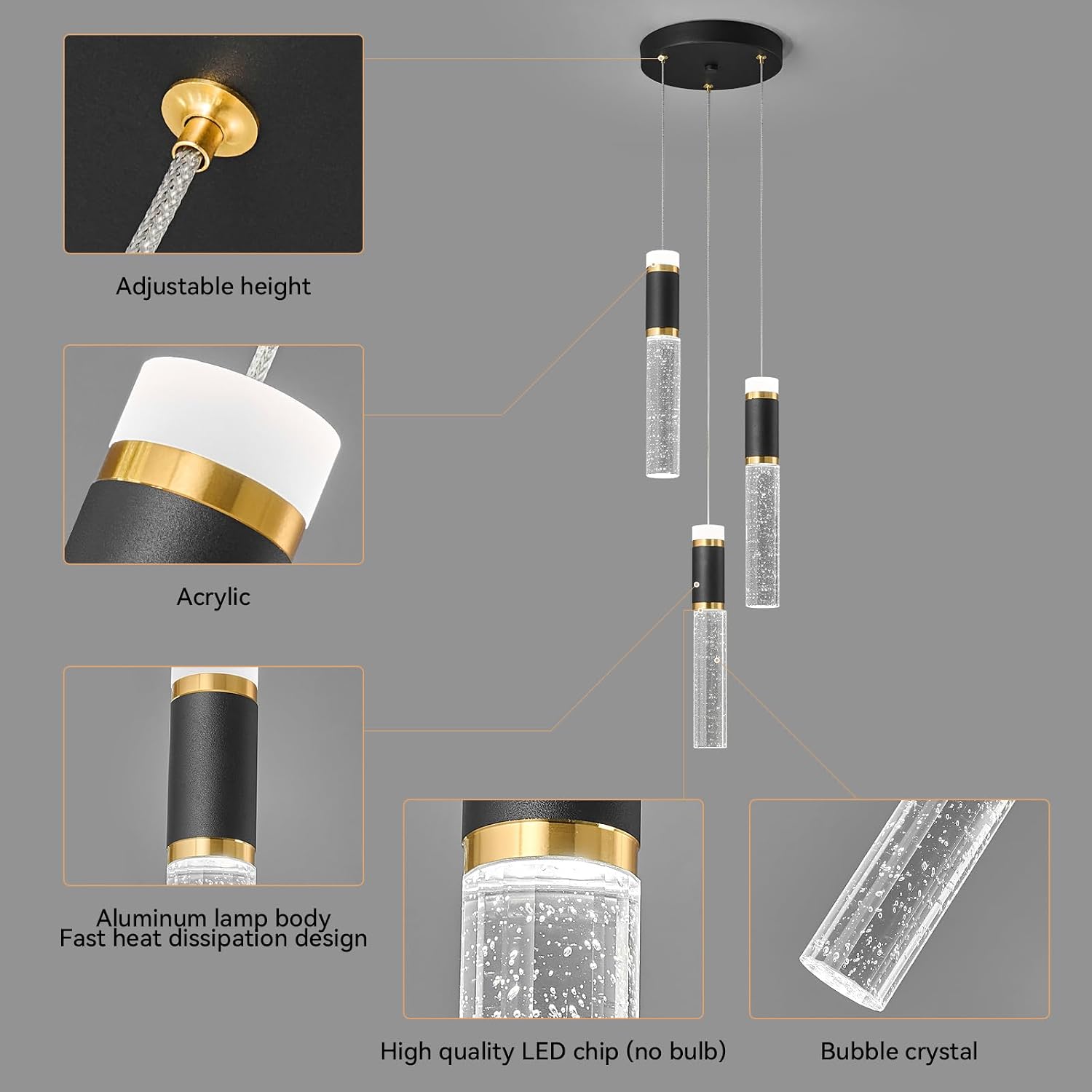 3-Light Pendant Lights Kitchen Island, Dimmable LED Pendant Light Fixtures, Black Gold Pendant Light Modern with Bubble Crystal Pendant Light, Pendant Lighting for Kitchen Island Dining Room