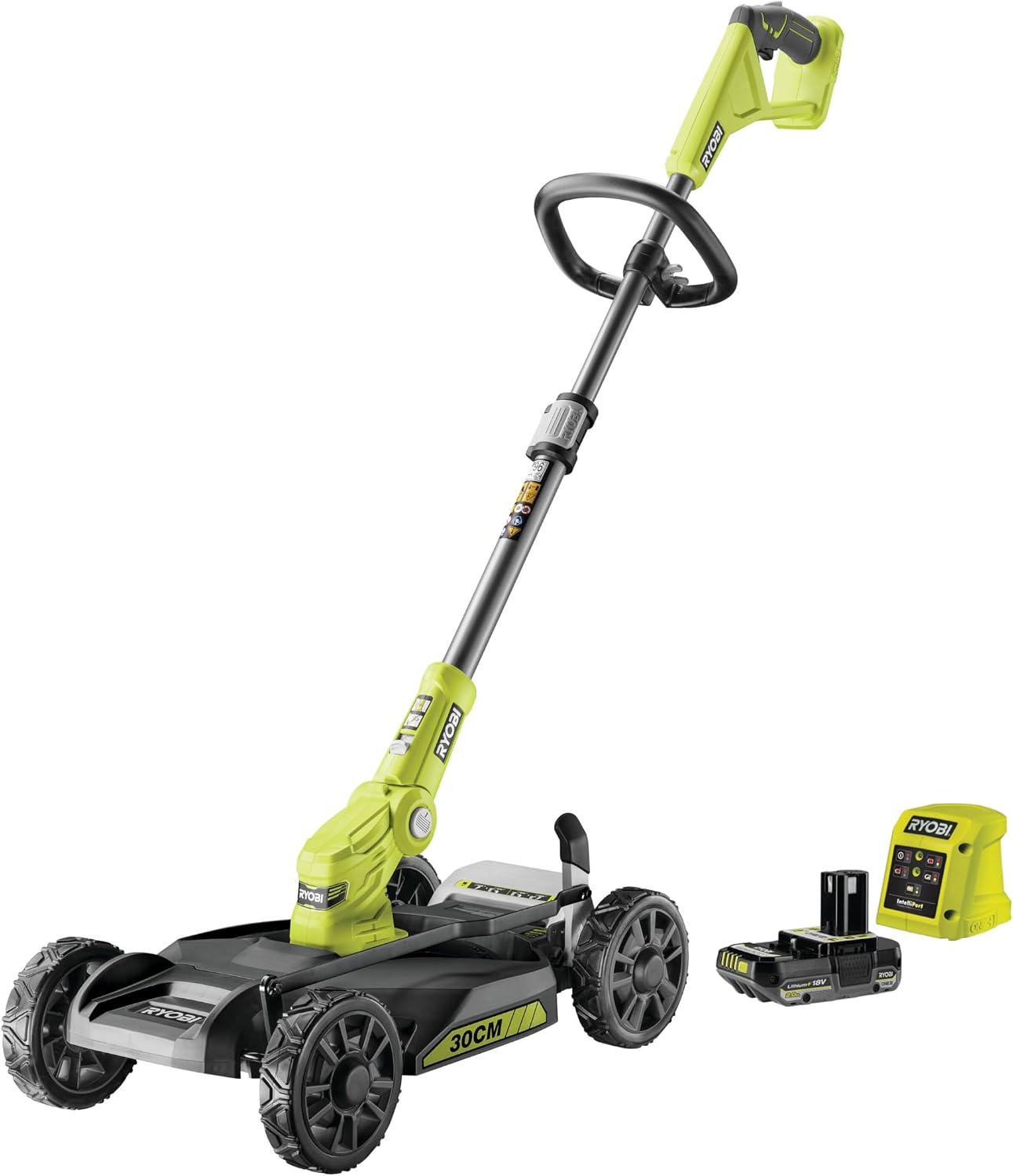 RYOBI One+ RY18LMC30A-120 18V Cordless Lawn Mower/Edger – Width 30 cm, 1 x 2.0Ah Battery + Charger, Battery Life 10 min, 30L Container, Ideal for Small Gardens