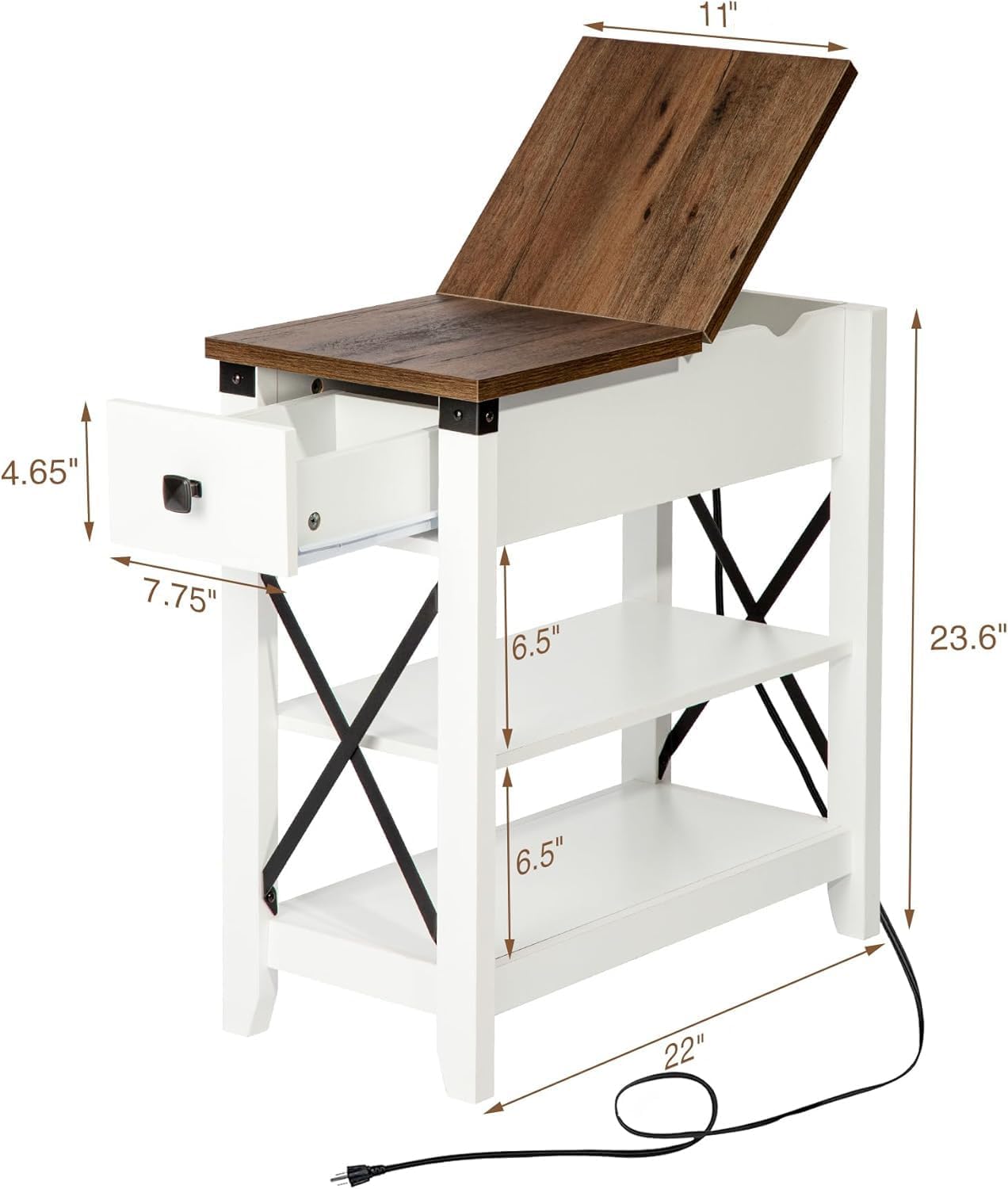 Awescuti Narrow End Table with Charging Station - Farmhouse Slim Side Table Set of 2, w/USB Ports Power Outlets, Nightstand w/Flip Top Storage Drawer, for Small Spaces Living Room Bedroom, Brown White
