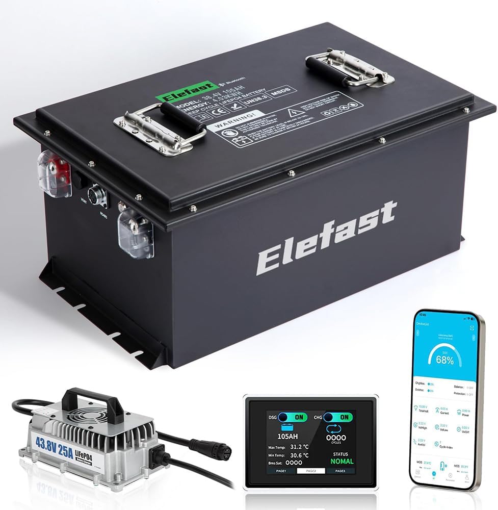 36V 105AH Lithium Golf Cart Battery with 2.8-inch LCD Touchscreen and 25A Fast Charger,Built-in Bluetooth and 200A BMS,Up to 6000+ Deep Cycle,Perfect for Golf Carts,Club Car,Lawnmower