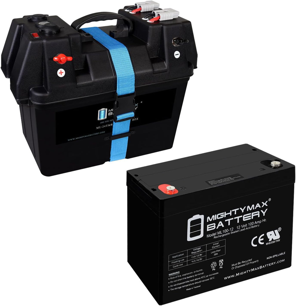Mighty Max Battery 12V 100Ah SLA Battery with Trolling Motor Smart Box for 12V Batteries Group 24, 27, 31 Marine Batt box with Dual USB, DC Outlet, Voltmeter and Circuit Breaker
