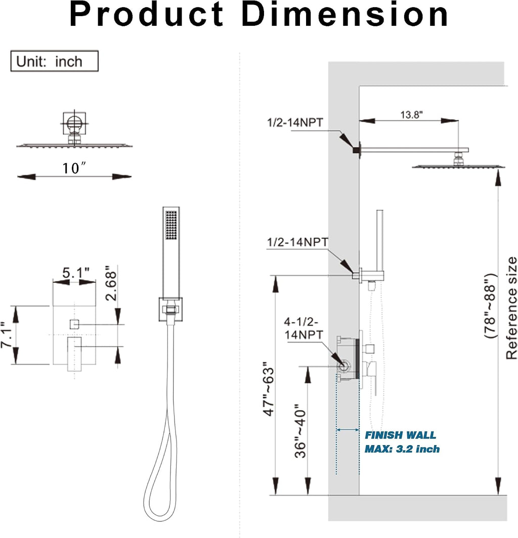 Gold Shower System, Shower Faucet Set with 10-Inch Rain Showerhead and Handheld Spray, Wall Mounted High-Pressure Showerhead Combo Set Included Valve and Trim, Brushed Gold