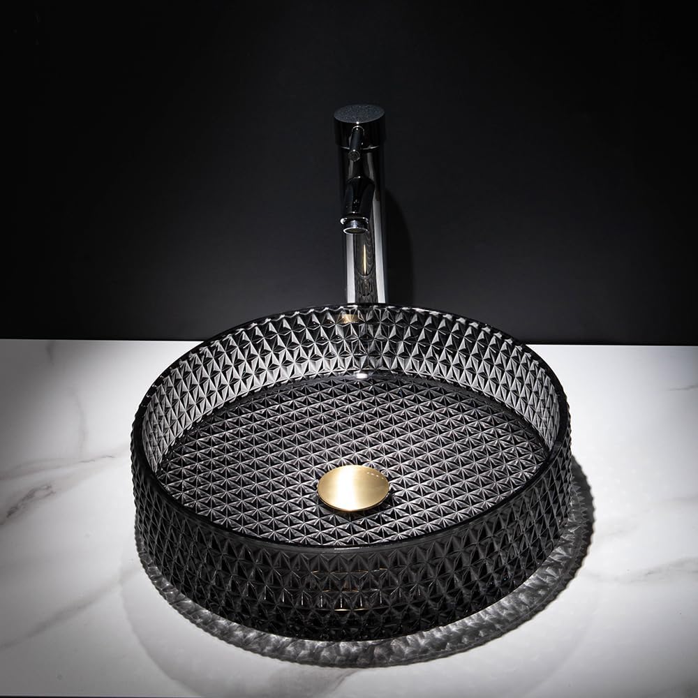 Homary Bathroom Vessel Sink Round Vessel Sink 15.35' x 4.33' Transparent Diamond Shaped Crystal Glass Bathroom Sink Above Counter with Pop-up Drain, Black