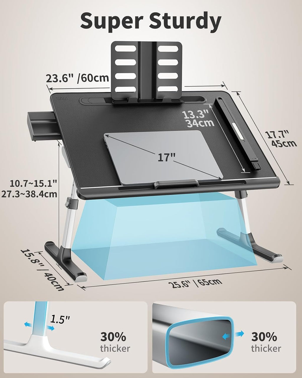 Laptop Bed Tray Desk with LED Desk Light, SAIJI Adjustable Laptop Stand for Bed, XX-Large PVC Leather Foldable Table with Book Stand,Wrist Rest, Extra Leg Room(Black)