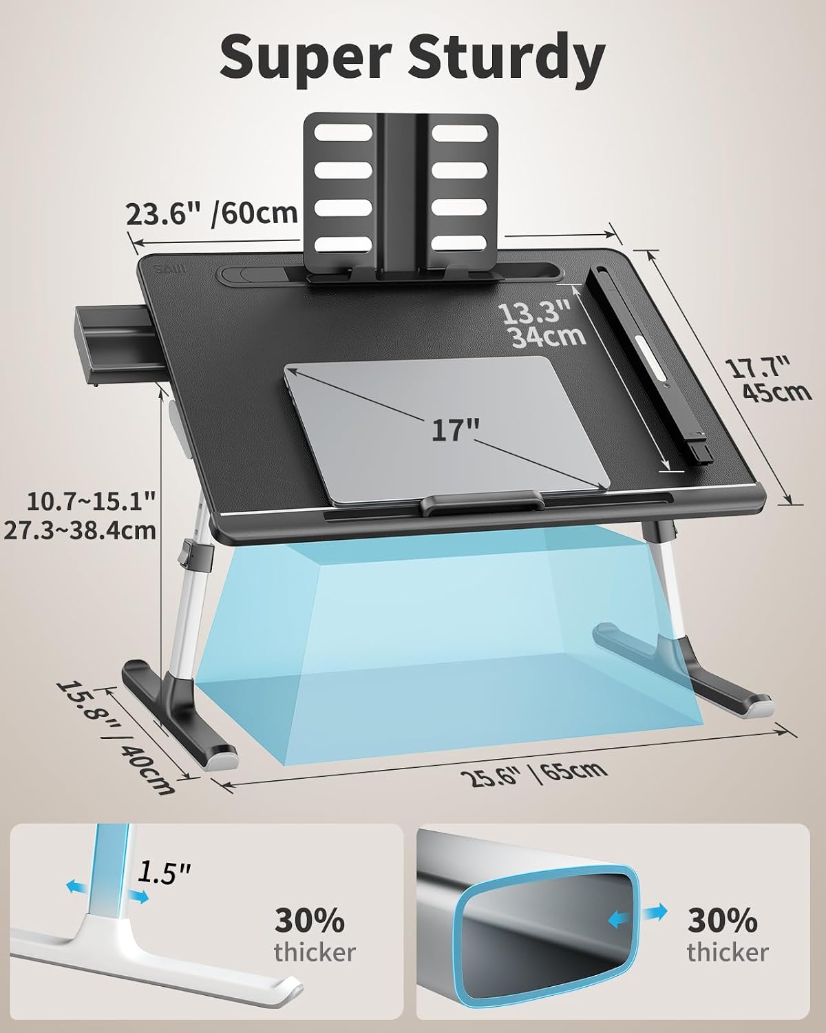 Laptop Bed Tray Desk with LED Desk Light, SAIJI Adjustable Laptop Stand for Bed, XX-Large PVC Leather Foldable Table with Book Stand,Wrist Rest, Extra Leg Room(Black)