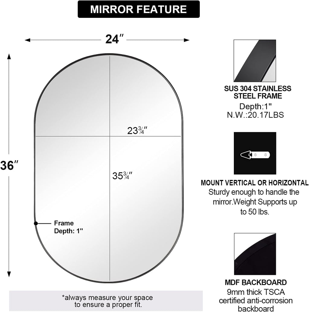 ANDY STAR Black Mirror Vanity, 24x36'' Oval Mirrors for Bathroom, Black Oval Mirror, Pill Shaped Mirror, Vanity Mirrors Stainless Steel Metal Frame Wall-Mounted Ideal for Bathroom