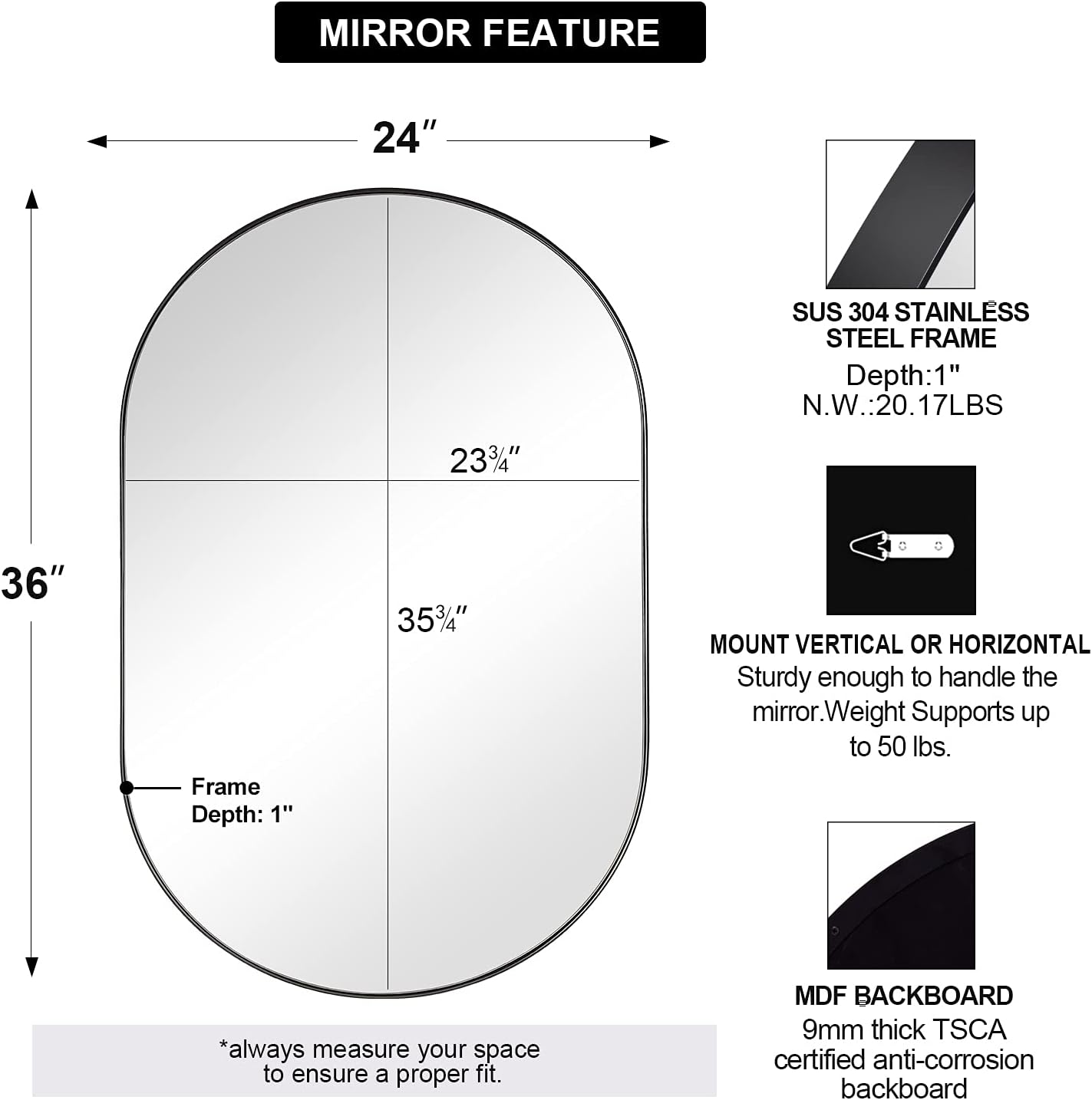 ANDY STAR Black Mirror Vanity, 24x36'' Oval Mirrors for Bathroom, Black Oval Mirror, Pill Shaped Mirror, Vanity Mirrors Stainless Steel Metal Frame Wall-Mounted Ideal for Bathroom