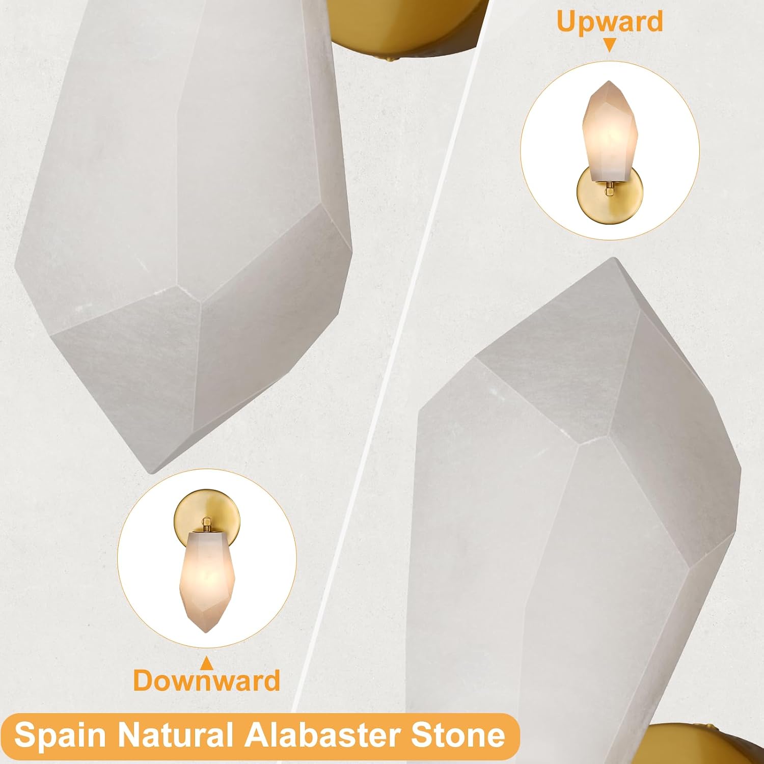 Alabaster Wall Sconces Set of Two, Spanish Marble Wall Lamp, Modern Wall Sconce for Living Room, Hardwired Wall Lighting for Bedroom, Wall Light for Bathroom Hallway Stairs, Gold