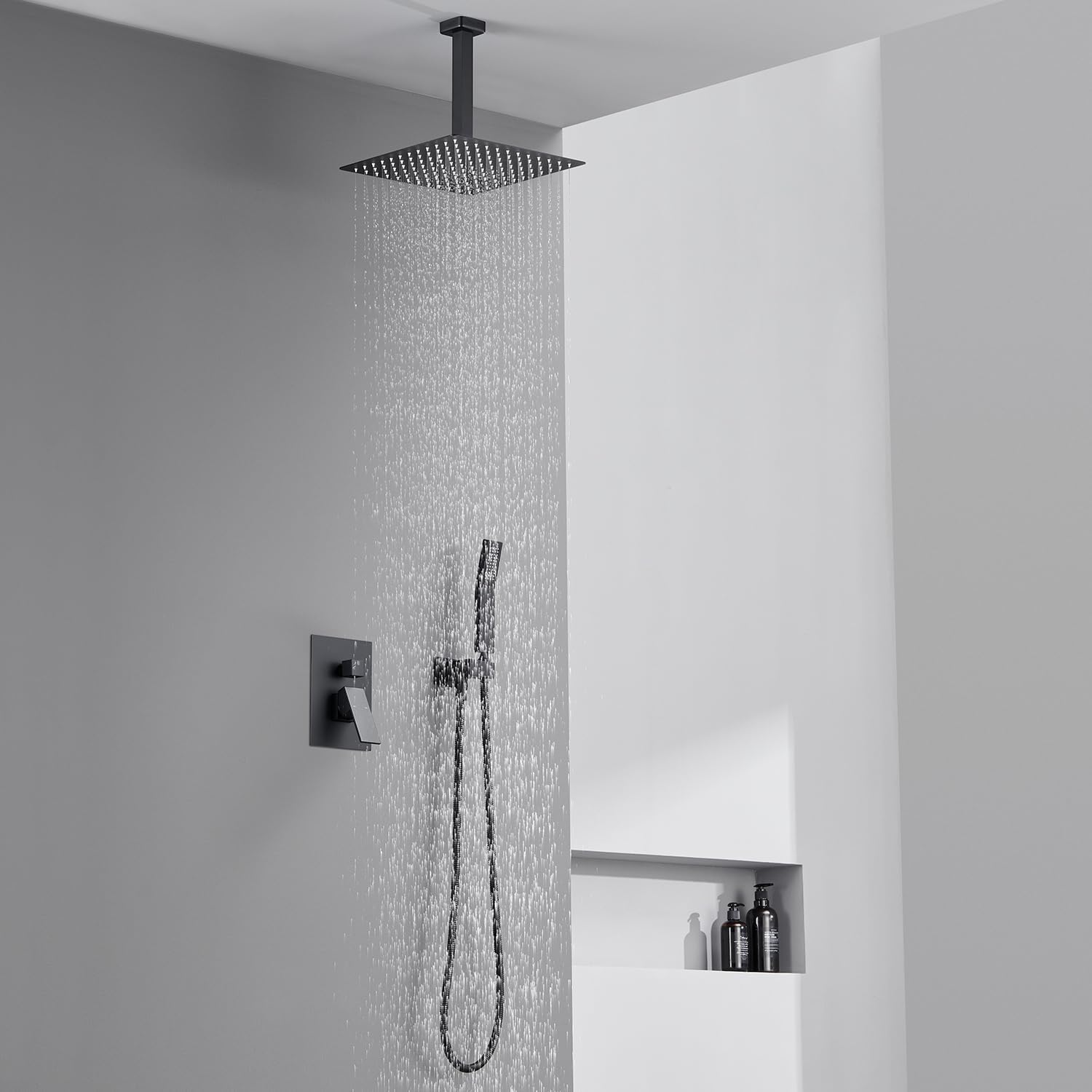 Shower System 12 Inches Rain Shower Combo Set Black Ceiling Mount Shower Faucet Bathroom Faucets with Rainfall Shower Head and Hand Shower