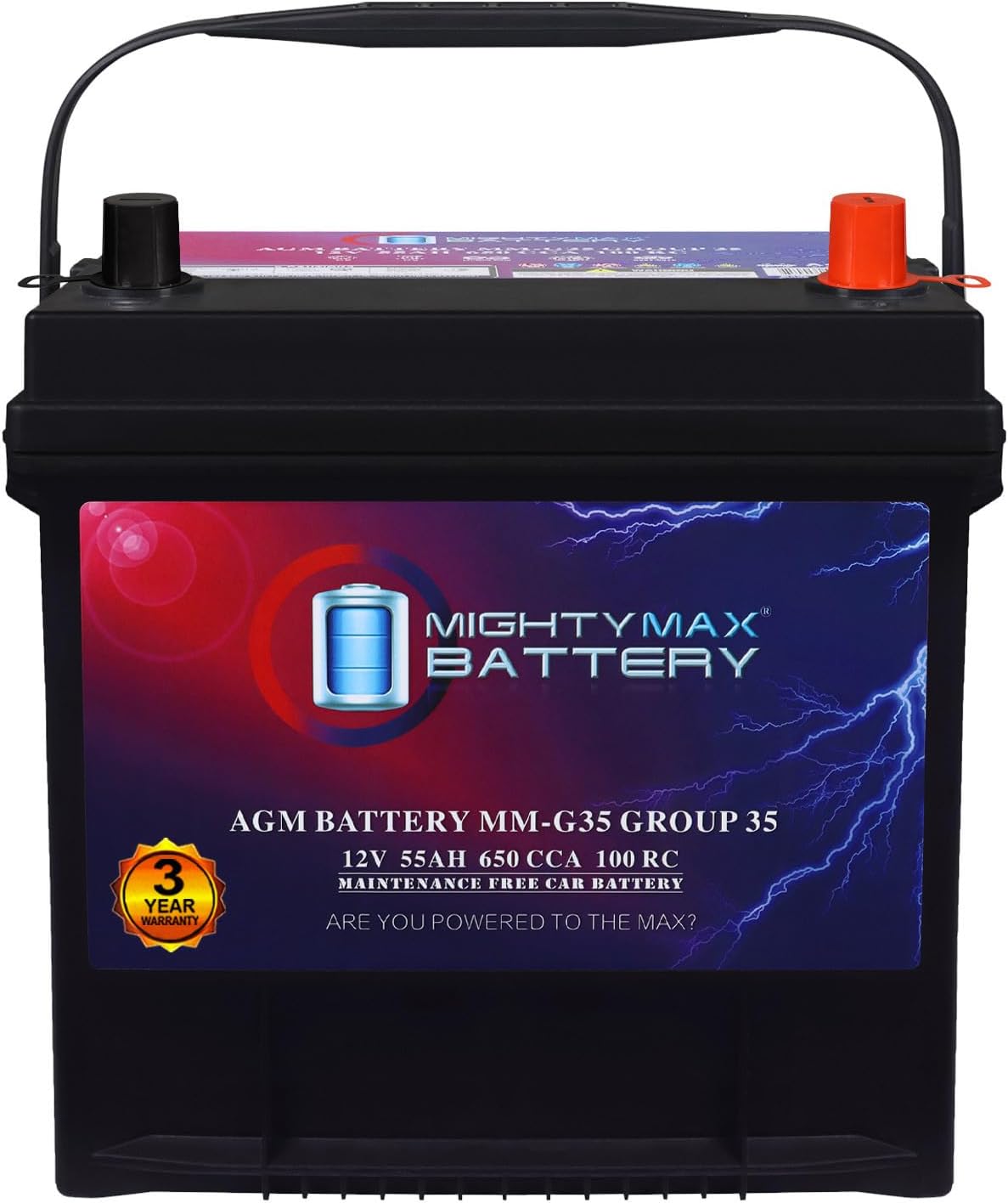 Mighty Max Battery MM-G35 Start and Stop Car BCI Group Size 35 12V 55Ah, 100RC, 650 CCA Rechargeable AGM Car battery