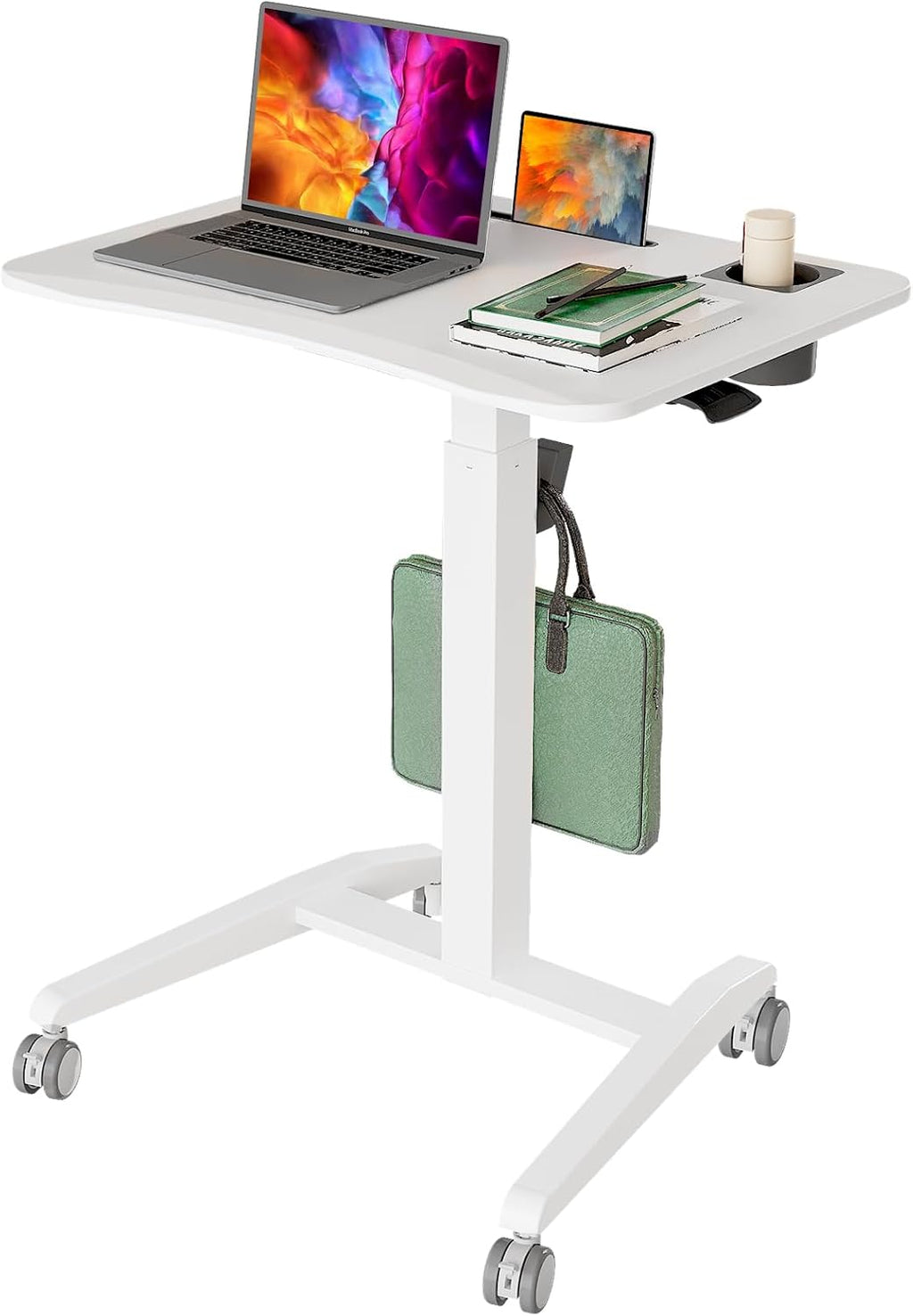 Gibbon Mounts Mobile Standing Desk, Height Adjustable Rolling Laptop Desk, 27 inches Portable Sit Stand Desk with Wheels and Hook, Pneumatic Computer Table, White