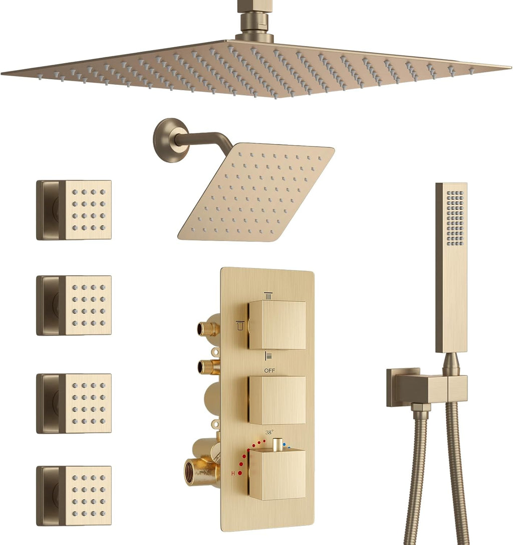 Thermosttic Shower Faucet Set Brushed Gold Shower System with 12 and 8 inch Rain Shower Head, 4 Body Jets, Handheld Spray