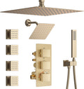 Thermosttic Shower Faucet Set Brushed Gold Shower System with 12 and 8 inch Rain Shower Head, 4 Body Jets, Handheld Spray