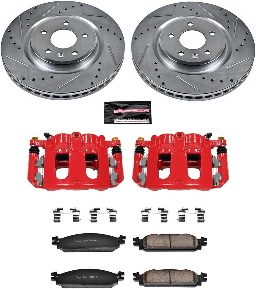 PowerStop Front Brake Kit for Ford Flex 2009-11 |Taurus 2010 |Lincoln MKS 2009-10 |MKT 2010 - Carbon-Fiber Ceramic Brake Pads + Drilled & Slotted Rotors + Red Powder Coated Calipers, KC5509