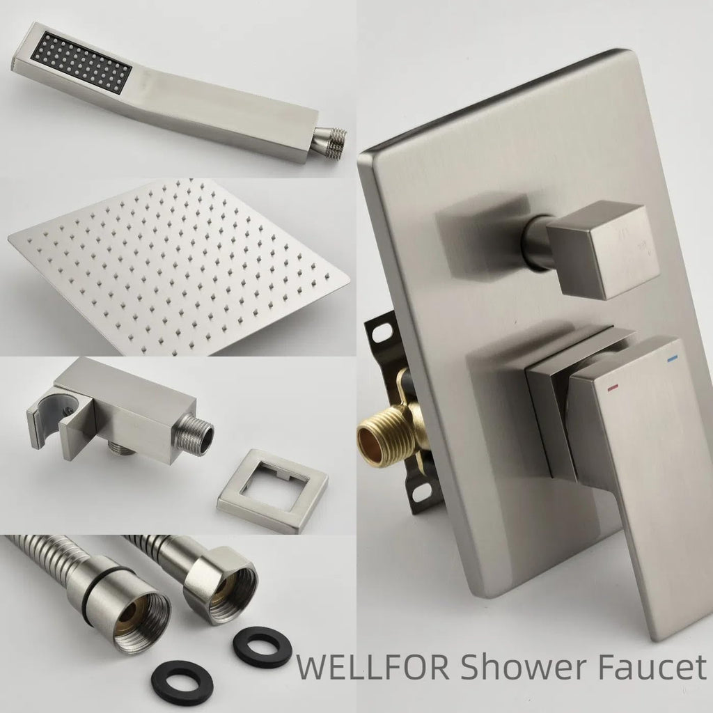 WELLFOR 12 Inch Ceiling Mount Matte Black Shower System, Bathroom Luxury Rain Mixer, Shower Combo Set, Ceiling Rainfall Shower Head Faucet Trim Kits, Rough-in Valve and Trim Included (Brushed Nickel)