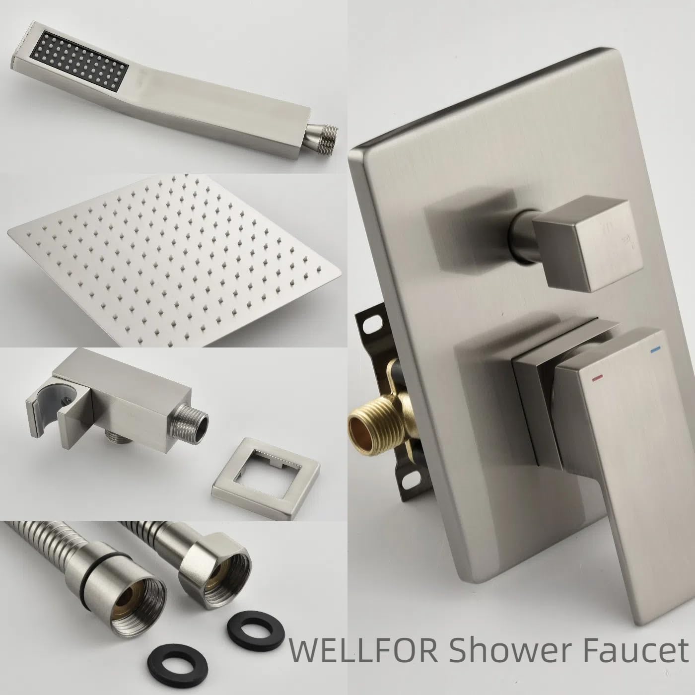 WELLFOR 12 Inch Ceiling Mount Matte Black Shower System, Bathroom Luxury Rain Mixer, Shower Combo Set, Ceiling Rainfall Shower Head Faucet Trim Kits, Rough-in Valve and Trim Included (Brushed Nickel)