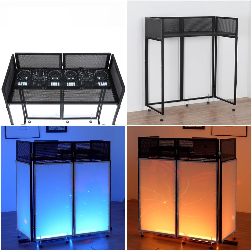 Kokorona Portable DJ Booth 43'L x 20'W x 45'H, DJ Facade Booth with Black & White Scrims, Folding DJ Booth for Party, DJ Facade Table Booth with Cable Hole, Black Metal Frame + Carry Bag
