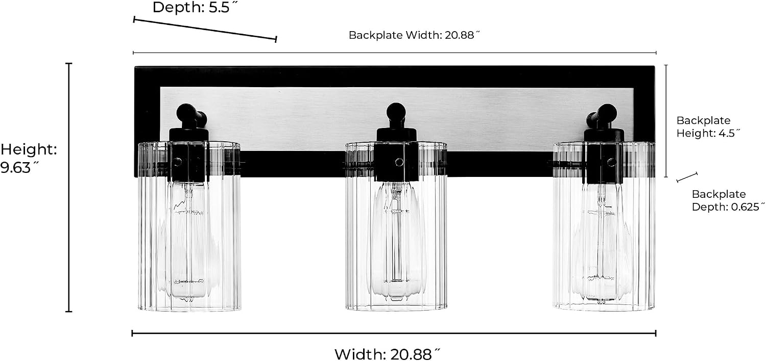 ML Lighting | Gasol Collection | 25003-MB/VB | 3 Light Vanity in Matte Black - Vintage Brass with Clear Ribbed Glass Shade | Versatile Design That adds High-End Texture and Elegance to Your Bathroom