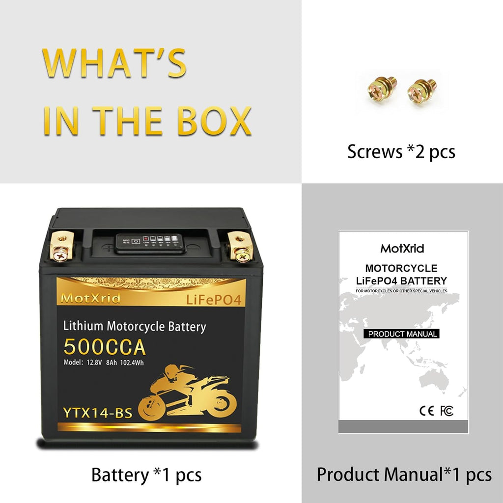 YTX14-BS[+,-]12V 8AH 500CCA Lithium battery LiFePO4 Powersport Start Motorcycle Battery,longevity,lightweight,High cranking,Intelligent BMS,Digital Readout