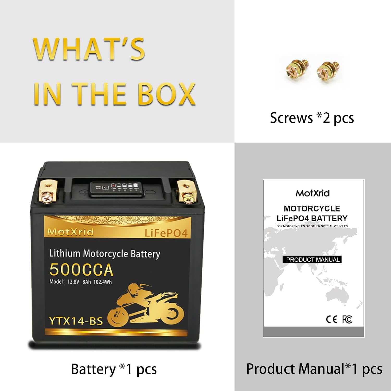 YTX14-BS[+,-]12V 8AH 500CCA Lithium battery LiFePO4 Powersport Start Motorcycle Battery,longevity,lightweight,High cranking,Intelligent BMS,Digital Readout
