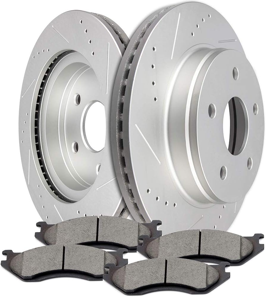 [SCITOO Brake Kits] - (2) Front Drilled and Slotted Brake Rotors (4) Ceramic Pads for 2004-2006 for Dodge for Durango,2002-2005 for Dodge for Ram 1500